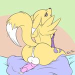  2014 abstract_background animal_genitalia anthro anus balls bandai bed black_nose butt canine cum cum_on_pillow digimon erection fox fur glans half-closed_eyes knot looking_at_viewer looking_back male mammal mrpandragon nude on_bed open_mouth penis pillow purple_eyes renamon sitting solo tongue yellow_fur 