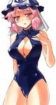  blush breasts cleavage_cutout front_zipper_swimsuit hand_on_own_chest hat highres large_breasts meme_attire mono_(moiky) one-piece_swimsuit open_mouth pink_eyes pink_hair saigyouji_yuyuko short_hair solo swimsuit touhou 