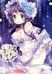  absurdres bare_shoulders bouquet breasts contrapposto copyright_request dress dress_lift dress_pull elbow_gloves flower gloves green_eyes hair_flower hair_ornament highres leaning_forward looking_at_viewer medium_breasts mottsun navel nipples purple_hair scan see-through sidelocks smile solo standing strap_slip thighhighs wading wet wet_clothes white_dress white_gloves white_legwear 