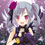  asymmetrical_wings bare_shoulders blush drill_hair hands_clasped idolmaster idolmaster_cinderella_girls kanzaki_ranko long_hair looking_at_viewer open_mouth own_hands_together red_eyes rosenburg_engel sakura_hanatsumi short_hair silver_hair smile solo twin_drills twintails wings 