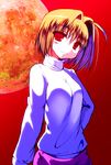  arcueid_brunestud blonde_hair breasts hair_intakes hand_on_hip impossible_clothes impossible_sweater long_skirt medium_breasts moon purple_skirt red_eyes red_moon red_sky samazuka_mashiro short_hair skirt sky smile solo sweater tsukihime turtleneck upper_body 