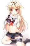  1girl blonde_hair blush breasts kantai_collection long_hair looking_at_viewer nikoo open_mouth panties red_eyes ribbon simple_background solo torn_clothes underwear yuudachi_(kantai_collection) 