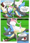  ambiguous_gender angry arti4000 blush comic dialogue eeveelution female fight lucario mega_evolution mega_lucario nintendo pinned pok&eacute;mon sylveon video_games 