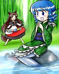  :d ^_^ animal_ears bamboo bamboo_forest barefoot blue_eyes blue_hair brown_hair carrying closed_eyes dress fang forest frilled_kimono frilled_sleeves frills gem head_fins imaizumi_kagerou japanese_clothes kimono long_hair mermaid monster_girl multiple_girls nature nitamago obi open_mouth rock sash short_hair sitting sitting_on_rock skirt_basket smile tail touhou wakasagihime water wavy_hair wolf_ears wolf_tail 