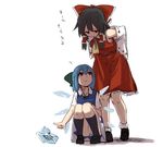  ? ascot bent_over black_hair black_legwear blue_dress blue_eyes blue_hair bow cirno detached_sleeves dress fairy frog frozen frozen_frog full_body hair_bow hair_ornament hair_tubes hakurei_reimu ice ice_wings japanese_clothes long_sleeves looking_at_another looking_down looking_up mary_janes miko multiple_girls open_mouth shirt shoes short_hair short_sleeves simple_background skirt skirt_set socks squatting terimayo text_focus touhou translation_request white_background white_legwear wide_sleeves wings 
