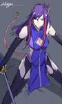  1girl black_legwear breasts character_name cleavage cross_ange dragon_tail elbow_gloves from_above gloves kano_penguin long_hair monster_girl naaga_(cross_ange) orange_eyes purple_hair rough solo standing tail thighhighs weapon 