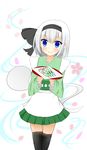  alternate_costume black_legwear blue_eyes cherry_blossoms dango enmaided food hair_ribbon highres kneehighs konpaku_youmu konpaku_youmu_(ghost) leaning_over looking_at_viewer maid plate ribbon sanshoku_dango short_hair silver_hair skewer skirt smile solo thighhighs touhou wagashi white_background zanchrome zettai_ryouiki 