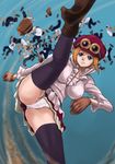  6+boys absurdres black_legwear blouse blue_eyes breasts brown_gloves cameltoe frown gloves goggles goggles_on_headwear hat highres kakutou_oukoku kicking koala_(one_piece) large_breasts marine_(one_piece) multiple_boys one_piece orange_hair panties pantyshot pantyshot_(kicking) short_hair skirt solo_focus thighhighs underwear white_panties 