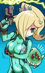  blonde_hair blue_eyes bodysuit breast_hold breasts chiko_(mario) cosplay crown earrings gloves gun hair_over_one_eye handgun highres jewelry large_breasts long_hair ma2acworks mario_(series) metroid metroid_(creature) pistol ponytail rosetta_(mario) samus_aran samus_aran_(cosplay) solo star star_earrings super_mario_galaxy super_smash_bros. weapon zero_suit 