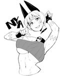  animal_ears blush breasts cat_ears disembodied_head fangs fingerless_gloves fukumaaya gloves greyscale image_sample large_breasts monochrome ms._fortune_(skullgirls) scar short_hair skullgirls solo twitter_sample underboob 