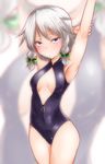  armpits blue_eyes blush braid breasts front_zipper_swimsuit highres izayoi_sakuya looking_at_viewer meme_attire one-piece_swimsuit pose silver_hair small_breasts solo swimsuit takorice touhou twin_braids unzipped zipper 