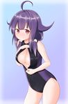  ahoge blush breasts cleavage front_zipper_swimsuit kantai_collection large_breasts long_hair low_twintails meme_attire nenosame one-piece_swimsuit purple_hair red_eyes solo swimsuit taigei_(kantai_collection) twintails 