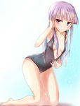  barefoot bent_over breasts collarbone crescent crescent_hair_ornament front_zipper_swimsuit hair_ornament hand_in_hair kneeling long_hair looking_at_viewer meme_attire one-piece_swimsuit patchouli_knowledge purple_eyes purple_hair ram_hachimin small_breasts solo swimsuit touhou unzipped very_long_hair wet zipper 