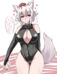  :q animal_ears black_swimsuit blush breasts bridal_gauntlets check_translation cleavage front_zipper_swimsuit hat heart inubashiri_momiji large_breasts meme_attire one-piece_swimsuit red_eyes sekitaku short_hair silver_hair smile solo swimsuit tail tokin_hat tongue tongue_out touhou translation_request wolf_ears wolf_tail 