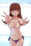  bikini blue_bikini blush breasts brown_eyes brown_hair double_v highres kantai_collection large_breasts long_hair looking_at_viewer ooi_(kantai_collection) open_mouth seashell seashell_bra shell side-tie_bikini solo swimsuit v wa_(genryusui) 