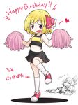  :d alternate_costume aratami_isse blonde_hair cheerleader fang hair_ribbon happy_birthday midriff open_mouth parody pom_poms red_eyes ribbon rumia short_hair smile style_parody touhou translation_request 