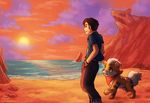  2015 beach canine clothed clothing duo feral fur growlithe hair haychel human male mammal nintendo outside pok&eacute;mon pok&eacute;mon_mystery_dungeon sand sea seaside sky smile sunset video_games water 