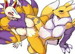 anthro bandai big_breasts black_sclera blue_eyes blush breasts canine chest_tuft crossover digimon duo female female/female fox fur gloves green_sclera kyuubi_(youkai_watch) lying mammal multiple_tails nipples nude on_back open_mouth pussy pussy_juice renamon sex spread_legs spreading sweat tongue tongue_out tribadism tuft video_games yellow_eyes youkai_watch 地獄から使者コリーニオ 