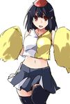  black_hair black_legwear cheerleader hat kamukamu_(ars) midriff navel open_mouth pom_poms red_eyes shameimaru_aya shirt skirt sleeveless sleeveless_shirt smile solo thighhighs tokin_hat touhou zettai_ryouiki 