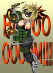  1girl adahcm ass bakugou_katsuki bare_shoulders blonde_hair bodysuit boku_no_hero_academia boots breasts cleavage crazy crazy_eyes crazy_smile elbow_gloves female fire from_behind genderswap gloves grin large_breasts long_hair looking_at_viewer multicolored_hair orange_eyes orange_hair pants ponytail shiny shiny_clothes shiny_skin sideboob smile solo spiked_hair tight_pants 