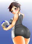  adahcm ahoge ass bad_id bad_pixiv_id bad_proportions blush brown_hair grey_eyes haikyuu!! highres looking_at_viewer michimiya_yui shiny short_hair solo sportswear standing volleyball wavy_mouth 