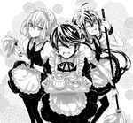  ;d ^_^ ahoge alternate_costume apron black_legwear closed_eyes crossdressing cup duster enmaided flower fylus greyscale honebami_toushirou horikawa_kunihiro maid maid_headdress male_focus monochrome mop multiple_boys namazuo_toushirou one_eye_closed open_mouth otoko_no_ko pantyhose ponytail smile teacup teapot thighhighs touken_ranbu tray 