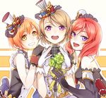  :d bare_shoulders black_gloves blush brown_hair cafe_maid earrings elbow_gloves flower gloves grin hat hoshizora_rin jewelry koizumi_hanayo looking_at_viewer love_live! love_live!_school_idol_project microphone_stand mini_hat mini_top_hat multiple_girls nishikino_maki open_mouth orange_hair purple_eyes red_hair short_hair sleeveless smile sumirou-kun top_hat treble_clef white_gloves yellow_eyes 