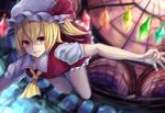  akira_(mr_akira) ascot blonde_hair flandre_scarlet flying grin hat hat_ribbon indoors looking_at_viewer mob_cap motion_blur nose_shade outstretched_arms puffy_short_sleeves puffy_sleeves red_eyes ribbon short_hair short_sleeves side_ponytail skirt skirt_set slit_pupils smile solo spread_arms touhou window wings 