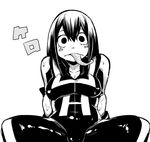  asui_tsuyu blush_stickers bodysuit boku_no_hero_academia breasts cleavage frog_girl fukumaaya greyscale large_breasts long_hair long_tongue monochrome monster_girl solo spread_legs squatting tongue tongue_out wet 