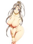  1girl aa_megami-sama antenna_hair areolae belldandy blue_eyes bracelet breasts brown_hair collarbone facial_mark highres huge_breasts jewelry joy_division legs long_hair looking_at_viewer nipples no_pussy nude ponytail pose posing ring simple_background smile solo standing thighs white_background 