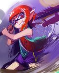  domino_mask grin inkling long_hair mask over_shoulder pointy_ears red_eyes red_hair sho-n-d shorts smile solo splatoon_(series) splatoon_1 tentacle_hair weapon weapon_over_shoulder 