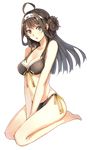  :o ahoge barefoot bikini black_bikini black_eyes blush bow breasts brown_hair chestnut_mouth cleavage collarbone double_bun folded_hair front-tie_bikini front-tie_top full_body hairband hao_(patinnko) highres kantai_collection kongou_(kantai_collection) large_breasts long_hair looking_at_viewer looking_to_the_side no_headwear open_mouth seiza side-tie_bikini sitting solo swimsuit transparent_background v_arms 
