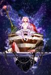 between_legs bow breasts cake canzhajiang choker cleavage cleavage_cutout closed_eyes dress food fruit hand_between_legs kaname_madoka long_hair magical_girl mahou_shoujo_madoka_magica open_mouth pink_hair plate sitting sky small_breasts solo star_(sky) starry_sky strawberry two_side_up ultimate_madoka very_long_hair white_dress white_legwear wings 