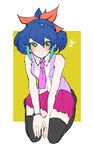  blue_hair blush bow bracelet cosplay green_eyes hair_bow hiiragi_yuzu hiiragi_yuzu_(cosplay) jewelry multicolored_hair necktie ponytail sakaeda serena_(yuu-gi-ou_arc-v) sitting skirt solo thighhighs two-tone_hair yuu-gi-ou yuu-gi-ou_arc-v zettai_ryouiki 