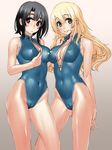  :&lt; adapted_costume alternate_costume atago_(kantai_collection) bare_shoulders black_hair blonde_hair blush breast_press breasts cameltoe covered_navel covered_nipples front_zipper_swimsuit green_eyes highleg highleg_swimsuit kantai_collection large_breasts long_hair looking_at_viewer meme_attire multiple_girls one-piece_swimsuit red_eyes sasayuki short_hair smile swimsuit takao_(kantai_collection) 