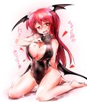  alternate_costume bat_wings blush breasts breath cleavage cleavage_cutout front_zipper_swimsuit fumitsuki_(minaduki_6) gradient gradient_background head_wings heart heart-shaped_pupils koakuma large_breasts long_hair looking_at_viewer meme_attire one-piece_swimsuit open_mouth red_eyes red_hair saliva simple_background sitting smile solo sweat swimsuit symbol-shaped_pupils text_focus tongue touhou wings 