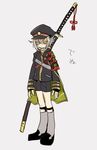  armor cape garters green_eyes grey_hair grey_legwear hat hotarumaru japanese_armor kneehighs male_focus military military_uniform sahau228 shorts shoulder_armor sock_garters sode solo sword touken_ranbu translated uniform weapon 