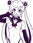  adapted_costume bishoujo_senshi_sailor_moon breasts collar crop_top double_bun earrings elbow_gloves gloves hair_ornament jewelry long_hair monochrome open_mouth sailor_collar sailor_moon sho-n-d small_breasts solo tsukino_usagi twintails underboob v 