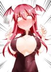  blush breasts breasts_apart demon_girl demon_wings front_zipper_swimsuit head_wings highres koakuma large_breasts long_hair meme_attire one-piece_swimsuit red_hair shocked_eyes simple_background smile solo swimsuit takorice touhou unzipped wardrobe_malfunction white_background wings zipper 