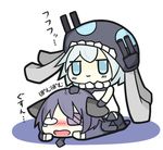  blue_eyes chibi closed_mouth eyepatch grey_hair kantai_collection long_hair multiple_girls open_mouth petting purple_hair school_uniform serafuku shinkaisei-kan short_hair simple_background tears tenryuu_(kantai_collection) translated white_background wo-class_aircraft_carrier zerozaki_tojiori 