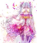  aqua_eyes aqua_hair bug butterfly corset dress flower hair_ornament half-closed_eyes hatsune_miku holding holding_hair insect jewelry long_hair open_mouth petals puffy_short_sleeves puffy_sleeves see-through short_sleeves smile solo thighhighs tsukioka_tsukiho twintails very_long_hair vocaloid 