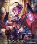  :p bare_shoulders belt_boots bird black_footwear boots breasts cat cleavage copyright_name crow cup detached_sleeves earrings fingerless_gloves fingernails fire garter_straps gloves hair_over_one_eye hat jewelry knee_boots magic matsuda_(matsukichi) pointy_ears purple_hair shingeki_no_bahamut short_hair shorts sitting skirt small_breasts table tea teacup thighhighs tongue tongue_out yellow_eyes 