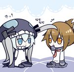  anchor_symbol black_skirt blue_eyes brown_eyes brown_hair chibi closed_mouth commentary_request folded_ponytail grey_hair hair_between_eyes hand_to_own_mouth inazuma_(kantai_collection) kantai_collection long_hair long_sleeves multiple_girls neckerchief open_mouth pleated_skirt school_uniform serafuku shinkaisei-kan skirt smile thighhighs translated wo-class_aircraft_carrier zerozaki_tojiori 