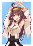  armpits arms_up bare_shoulders blush breasts brown_hair brown_skirt crossed_arms detached_sleeves double_bun double_v hairband headgear ixen-fei kantai_collection kongou_(kantai_collection) large_breasts long_hair nontraditional_miko open_mouth pleated_skirt purple_eyes ribbon-trimmed_sleeves ribbon_trim skirt solo upper_body v 