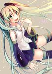  aqua_eyes bad_id bad_pixiv_id bare_shoulders black_legwear detached_sleeves hair_ornament hatsune_miku highres long_hair long_sleeves open_mouth shirako_sei shirt skirt smile solo thighhighs twintails very_long_hair vocaloid wide_sleeves zettai_ryouiki 