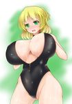 blonde_hair blush breasts front_zipper_swimsuit green_eyes huge_breasts hydrant_(kasozama) meme_attire mizuhashi_parsee one-piece_swimsuit ponytail solo swimsuit touhou wavy_mouth wet 