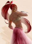  back bare_shoulders cowboy_shot dagger earrings eyeshadow forehead_jewel from_behind gerudo harem_pants highres jewelry long_hair long_nose makeup midriff muscle muscular_female nabooru pants pointy_ears ponytail red_hair reverse_grip ruebird solo strapless the_legend_of_zelda the_legend_of_zelda:_ocarina_of_time tubetop weapon yellow_eyes 