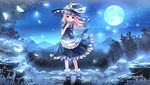  apron black_dress blonde_hair bow dress feathers finger_to_mouth forest full_body hat hat_bow highres kirisame_marisa mountain nature night puffy_short_sleeves puffy_sleeves risutaru shirt short_sleeves shushing sky solo star_(sky) starry_sky touhou waist_apron witch_hat yellow_eyes 