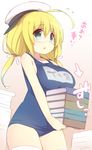  ahoge blonde_hair blush book breasts glasses green_eyes hat i-8_(kantai_collection) kantai_collection large_breasts long_hair one-piece_swimsuit school_swimsuit solo swimsuit thighhighs translated watanon_(gakushokutei) white_legwear 
