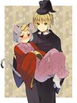  alternate_costume animal_ears blonde_hair blush bow dress grey_hair hasebe_yuusaku hat holding japanese_clothes long_sleeves looking_at_another mouse_ears mouse_tail multicolored_hair multiple_girls nazrin pink_dress red_eyes short_hair smile socks tail toramaru_shou touhou two-tone_hair vest white_legwear wide_sleeves yellow_eyes 